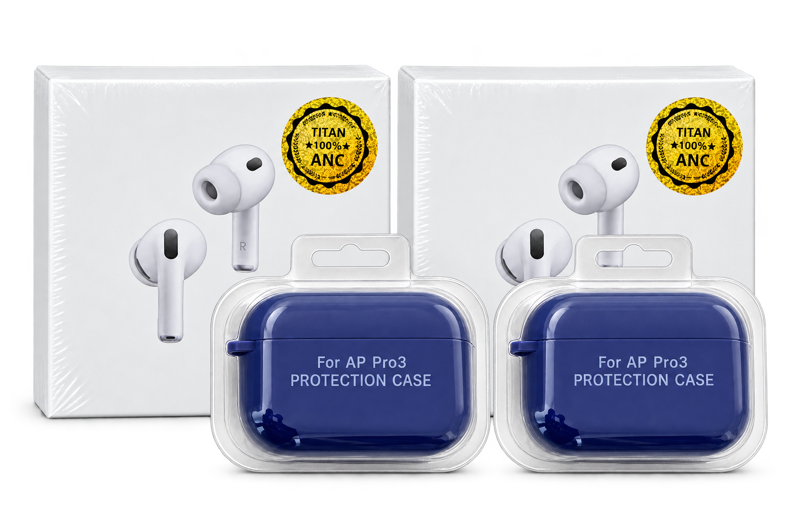 Dos Pro 3 en cajas selladas y dos cases de silicona azules de regalo. Cada Pro 3 incluye su cable USB-C dentro de la caja.